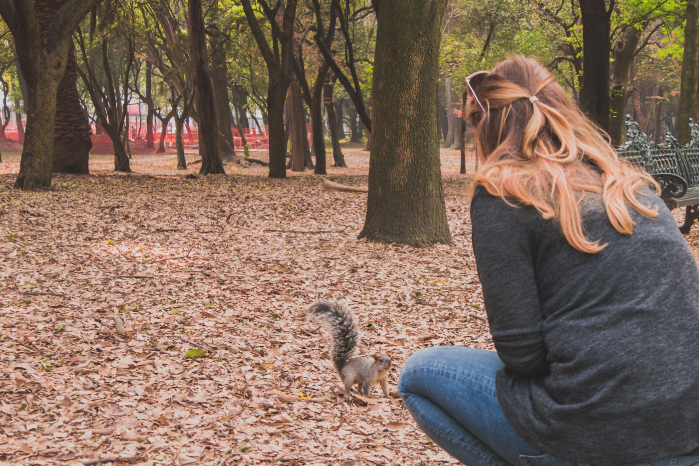 Julia mit Eichhörnchen im Chapultepec Park in Mexiko-Stadt