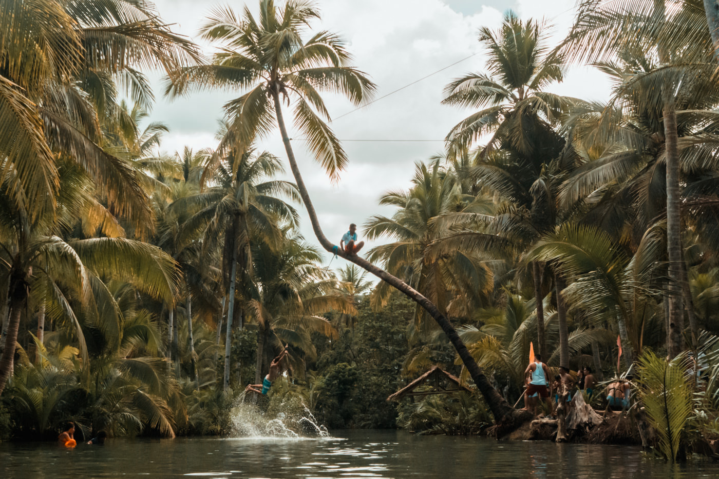 Matthias schwingt an einer Palme in den Fluss auf Siargao